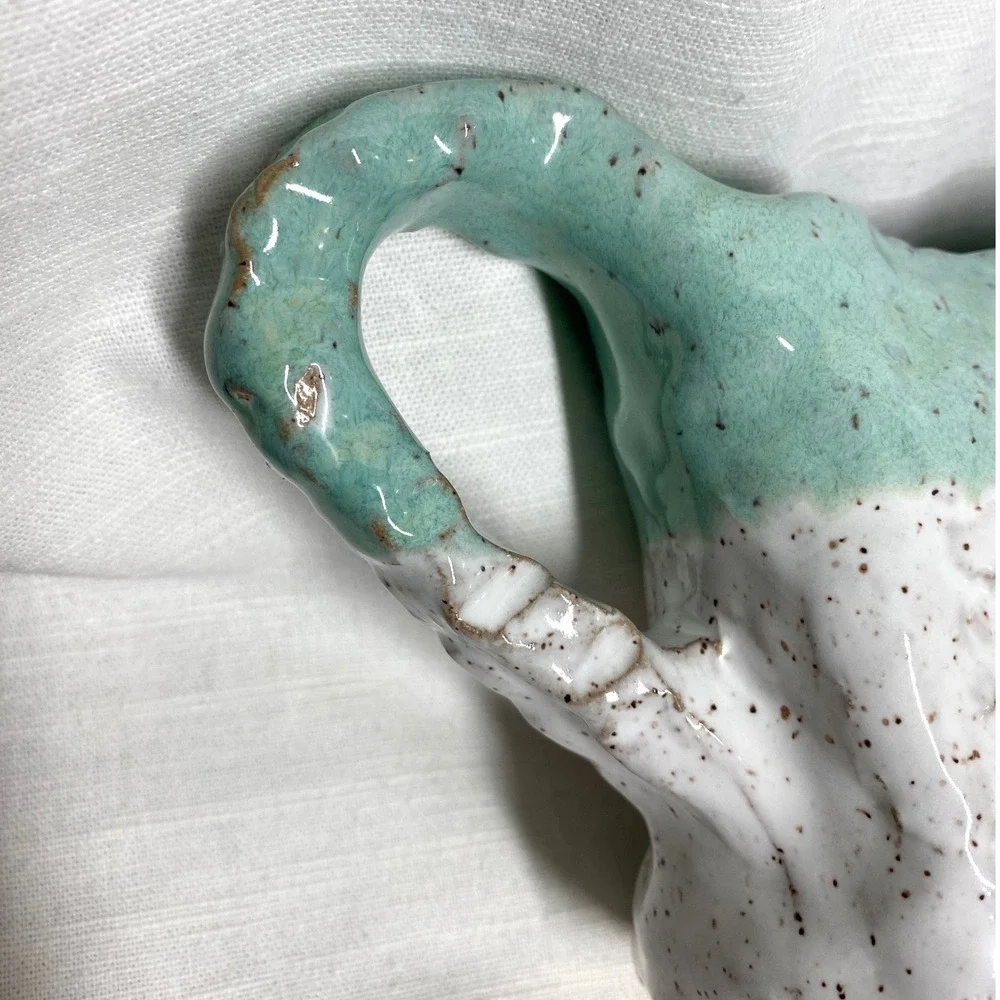 Signed Handmade Studio‎ Pottery Pitcher Aqua White Speckled Glaze Floral Texture